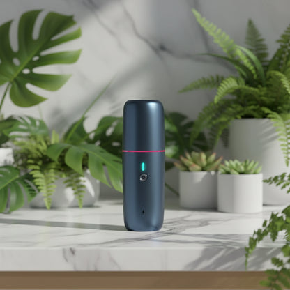 Navy blue electronic vacuum wireless device with a red accent on a white background