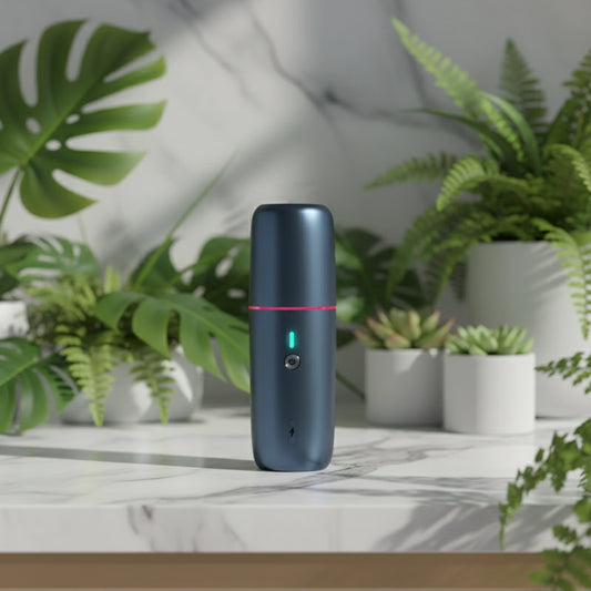 Navy blue electronic vacuum wireless device with a red accent on a white background