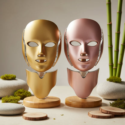 Two metallic masks, one gold and one pink, on a white background