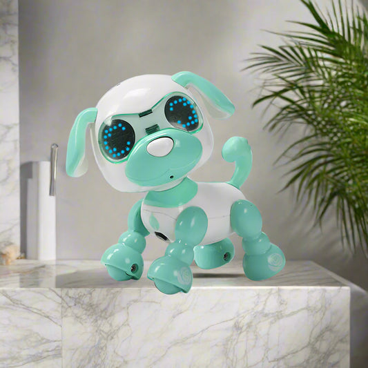 Toy robot dog with teal and white colors on a light gray background