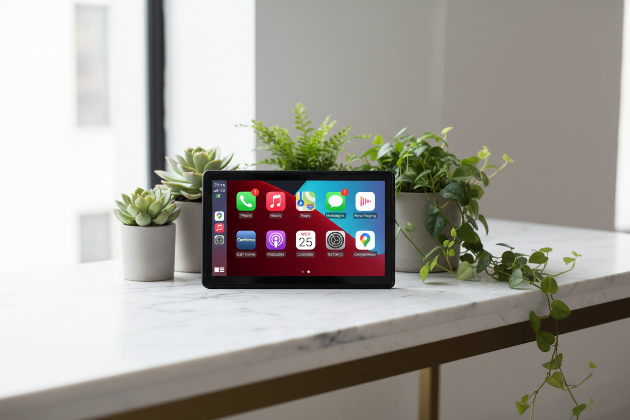 Smart display with app icons on a white background