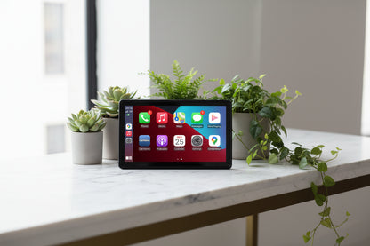 Smart display with app icons on a white background