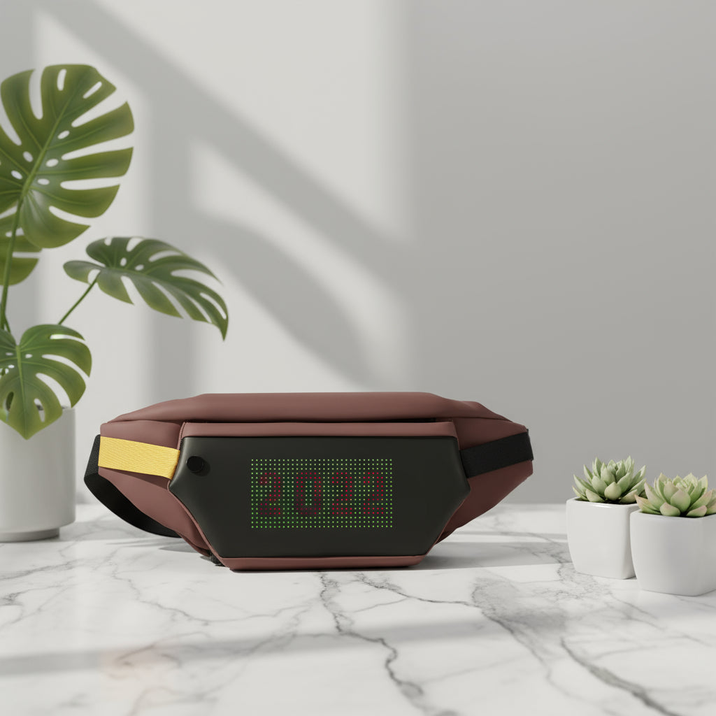 Brown fanny pack with digital display showing '2022' on a white background