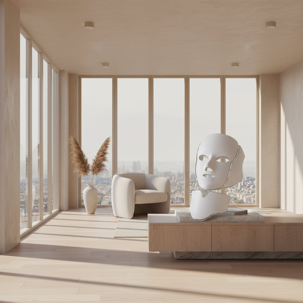 White facial mask with adjustable straps on a white background