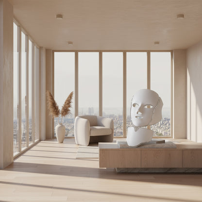 White facial mask with adjustable straps on a white background