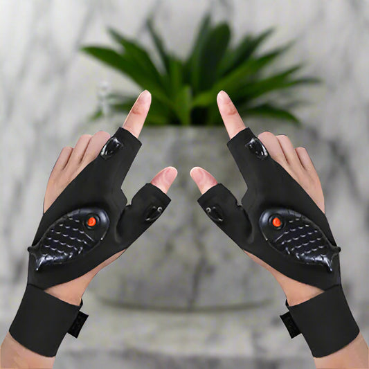 Black half-finger gloves with fish-scale pattern on a white background