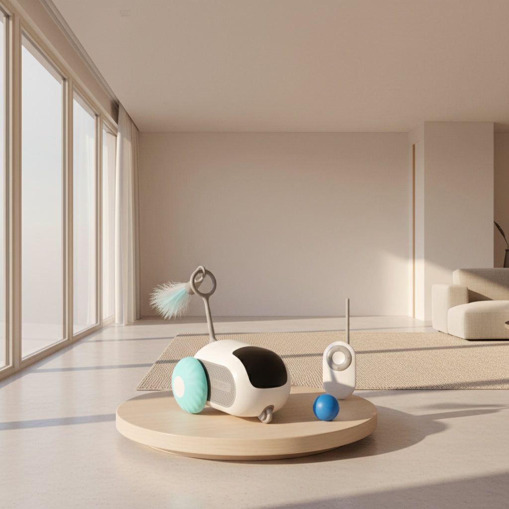 Toy cat robot with a remote control on a blue background