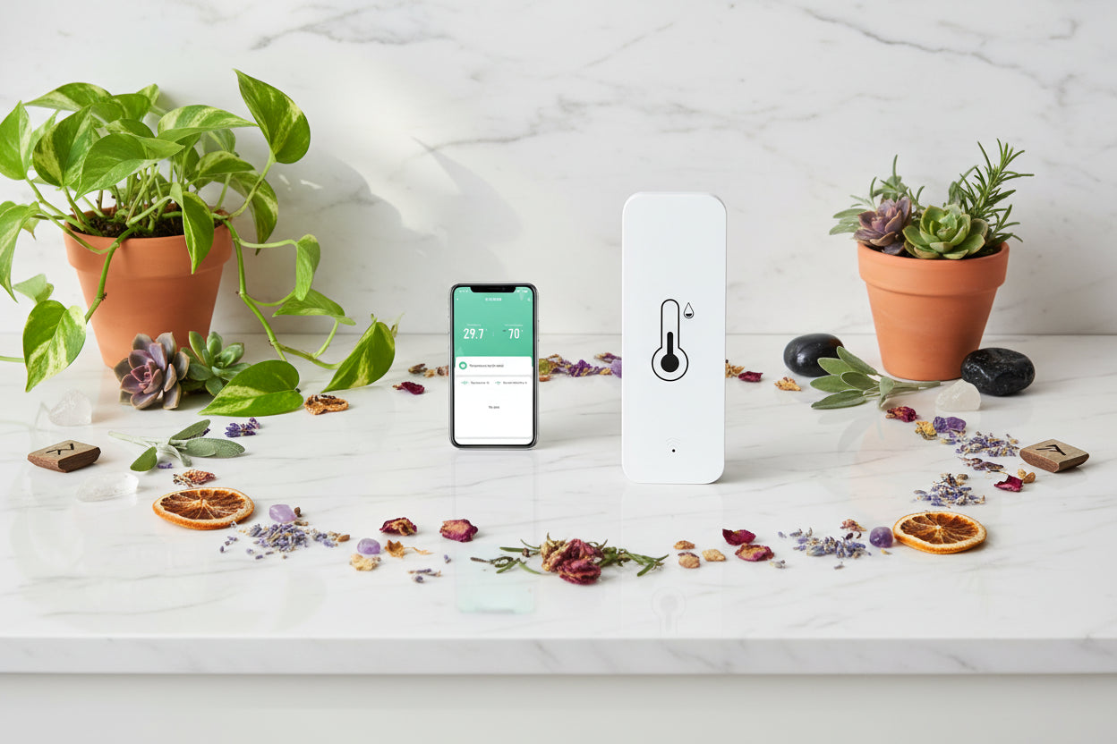 Smart device for temperature and humidity monitoring with smartphone app on a white background