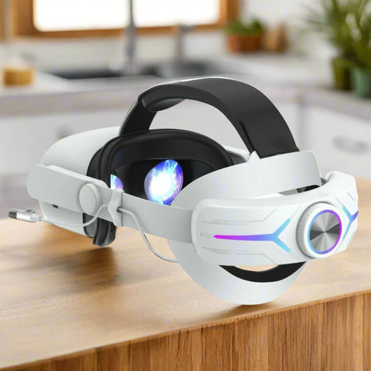 White gaming headset with colorful LED lights on a white background