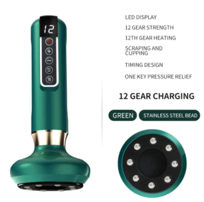 Green handheld device with LED display and features listed on a white background