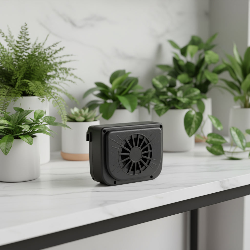 Black rectangular fan on a wooden surface