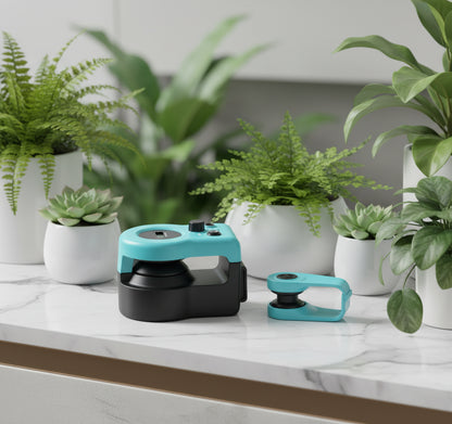 Turquoise and black electronic device on a white background