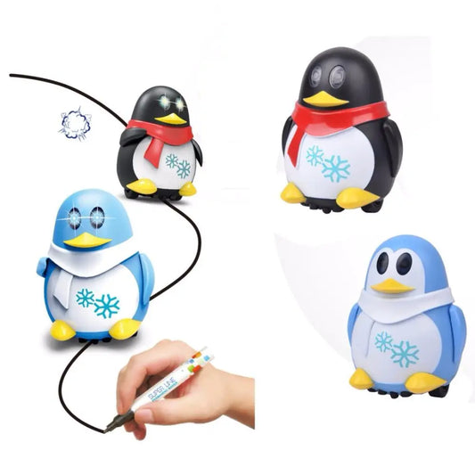 Set of penguin toys with a hand holding a marker on a white background