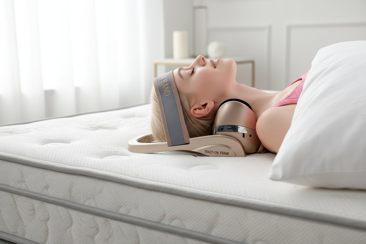 Woman using a head traction device on a white background