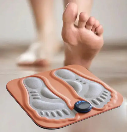 Foot massager device with a foot stepping on it, blurred background