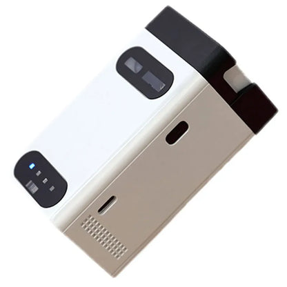 Beige electronic device with black components on a white background