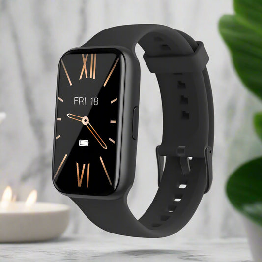 Black smartwatch with a black strap on a white background
