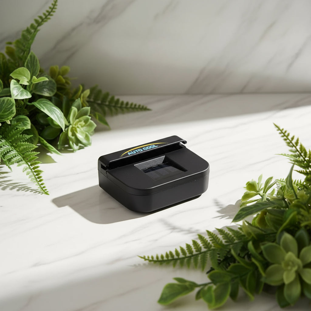 Black electronic device with 'Auto Cool' branding on a textured surface