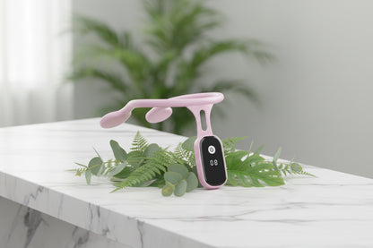 Pink electronic collar with digital display on a white background