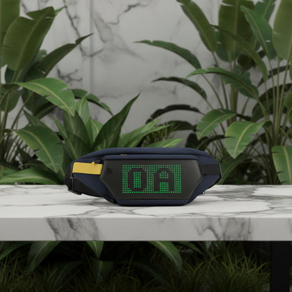 Navy blue waist bag with digital display on a white background