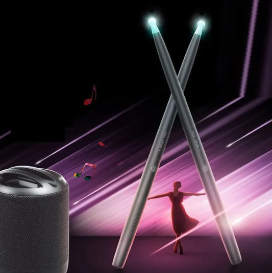 Two electronic drumsticks with LED lights on a dark background with a music-themed design.