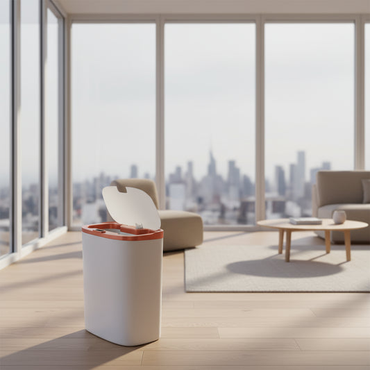 White trash bin with orange accent and white lid on a white background