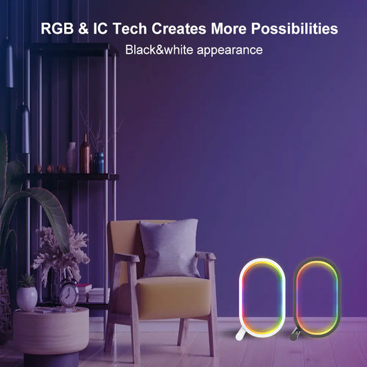 Modern interior with a chair, shelves, and colorful circular lights against a purple wall.