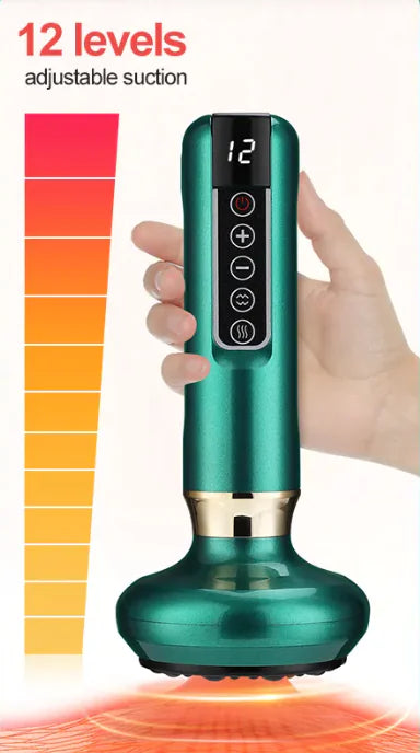 Handheld device with digital display and control buttons, held by a hand, on a gradient background.