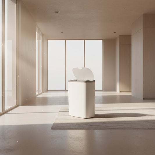 White and gray trash can with open lid on a white background