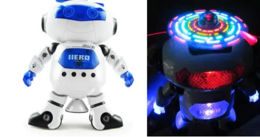 Toy robot with blue and white color scheme on the left, and a colorful LED light-up object on the right.