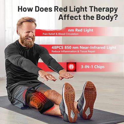 Man using a red light therapy device on his knee with text about red light therapy effects.