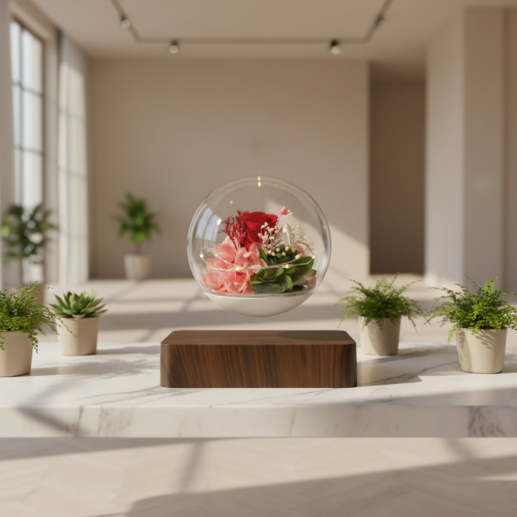 Decorative glass sphere with flowers on a wooden base against a white background