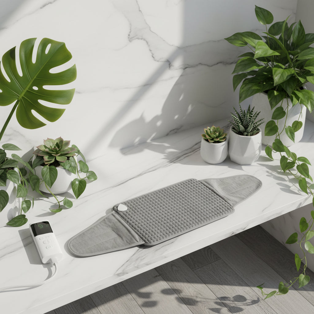 Person using a waist heating pad with a control device on a white background