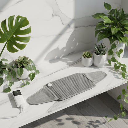 Person using a waist heating pad with a control device on a white background