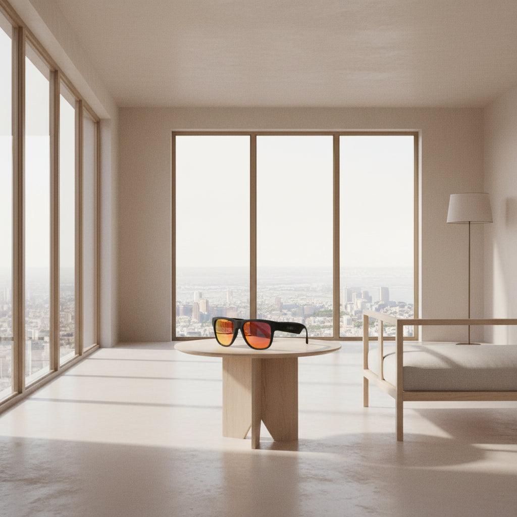 Black sunglasses with red-tinted lenses on a white background