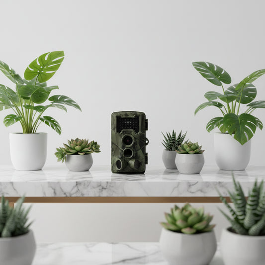 Camouflage-patterned wildlife camera on a white background