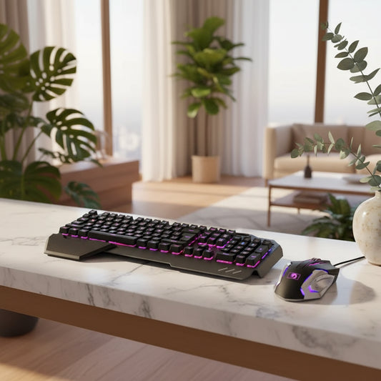 mechanical Gaming keyboard and mouse set with smartphone stand on a white background