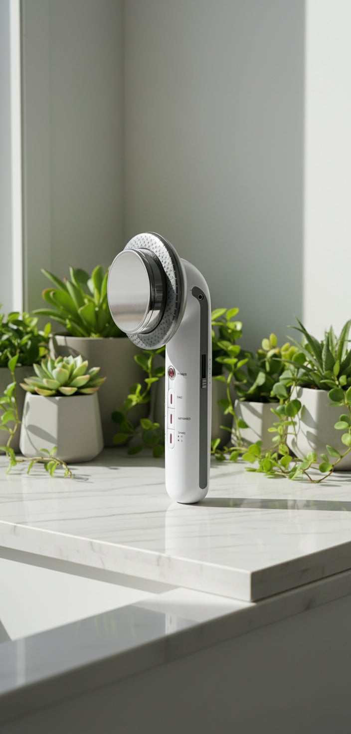 White handheld electronic device with control panel on a white background