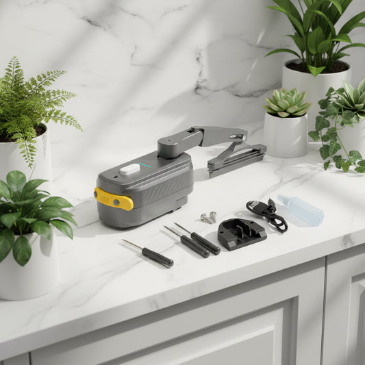 Gray and yellow electronic device with USB port on a light gray background