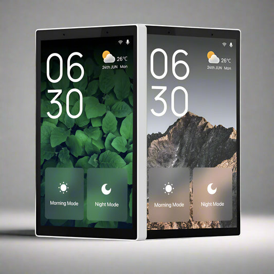 Two smart home consoles side by side with screens displaying different modes and time.