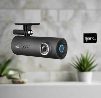 Car dashboard camera with a microSD card on a white background