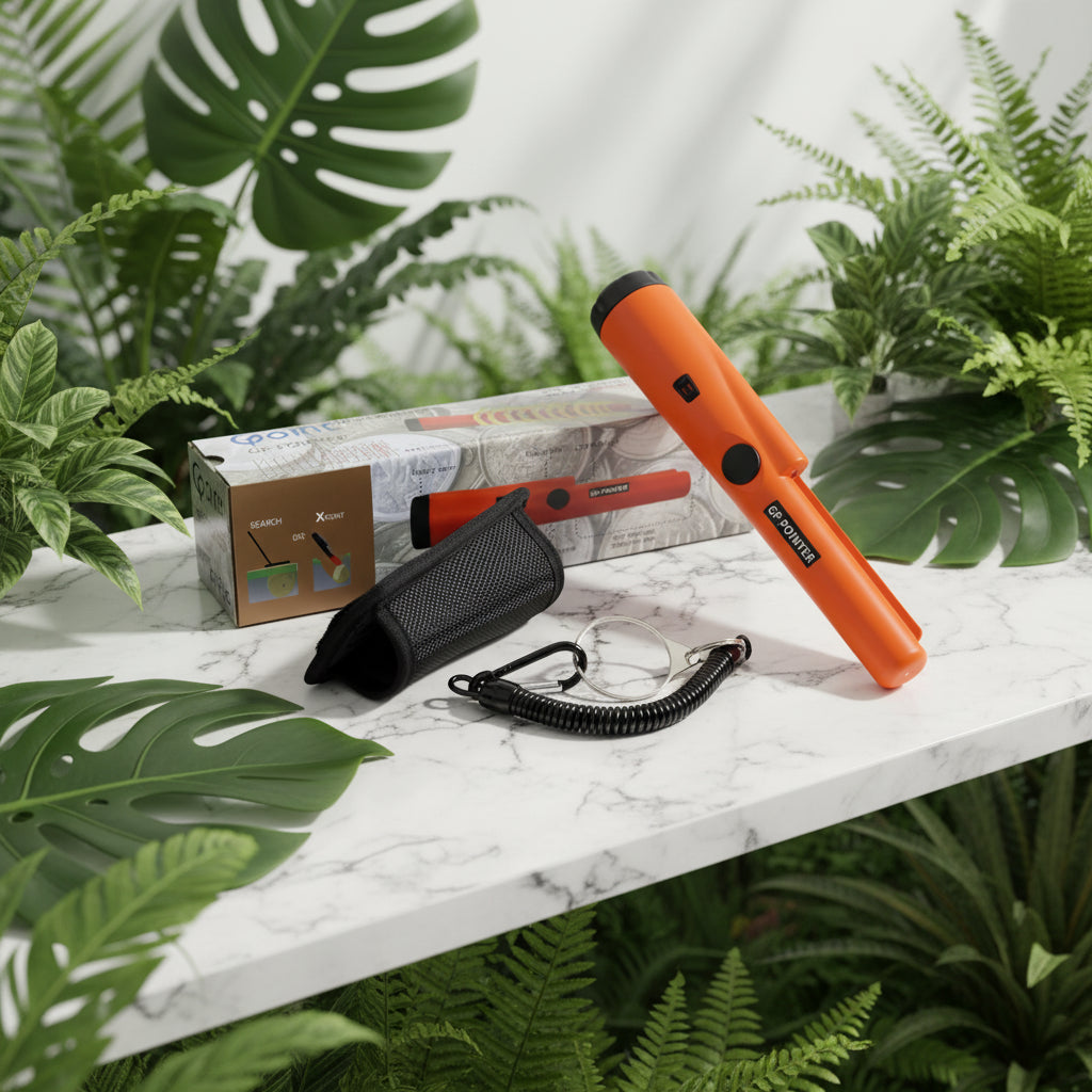 Orange metal detector with black carrying case and keychain on a white background