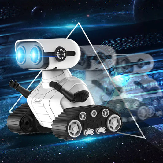 Toy robot with a futuristic design on a space-themed background