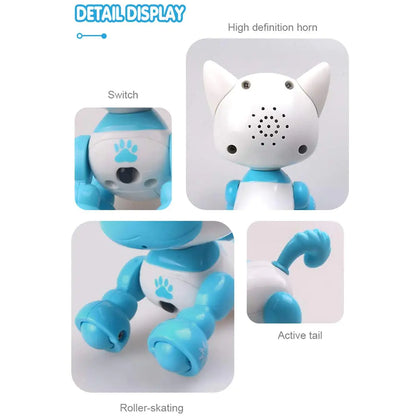 Blue and white robot dog with features highlighted on a white background