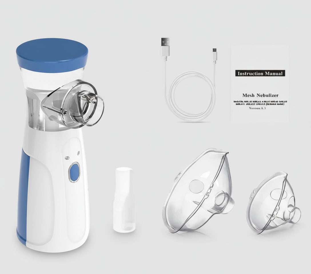 Mesh Nebulizer with accessories and instruction manual on a white background
