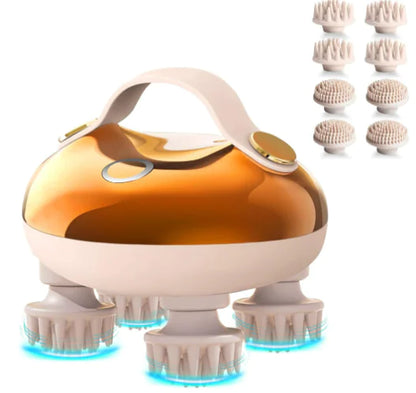 Gold and beige facial cleansing device with multiple brush heads on a white background
